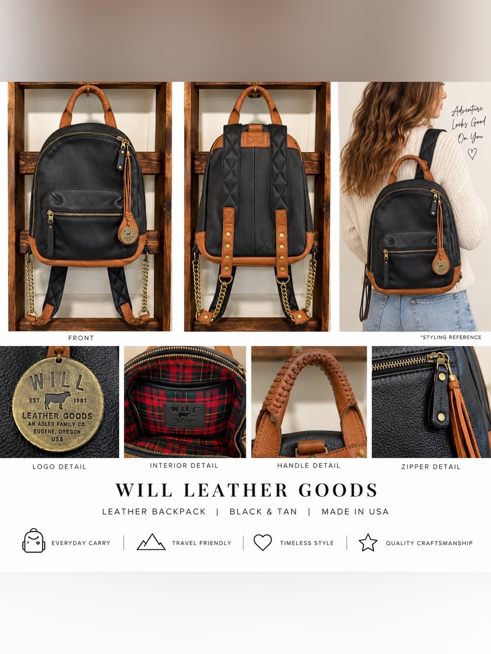 Will Leather Goods Black Leather Backpack with Brown Trim